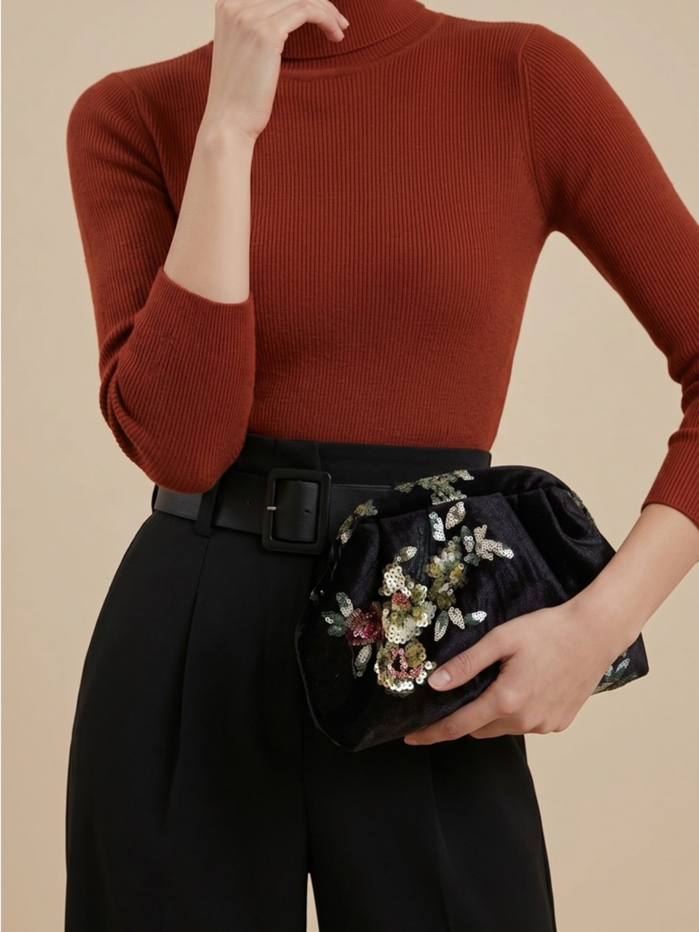 Embellished Black Velvet Clutch Bag